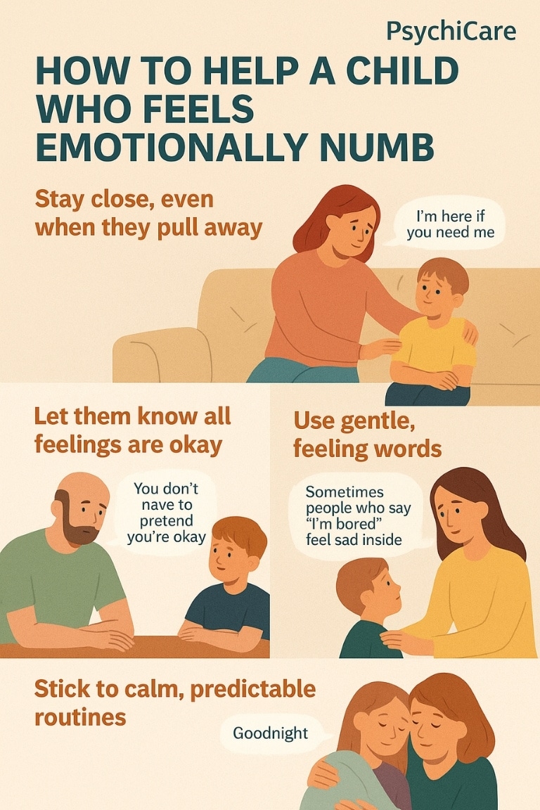 Infographic showing five ways to help a child who feels emotionally numb, including staying close, using gentle words, validating feelings, and maintaining calm routines created by PsychiCare.