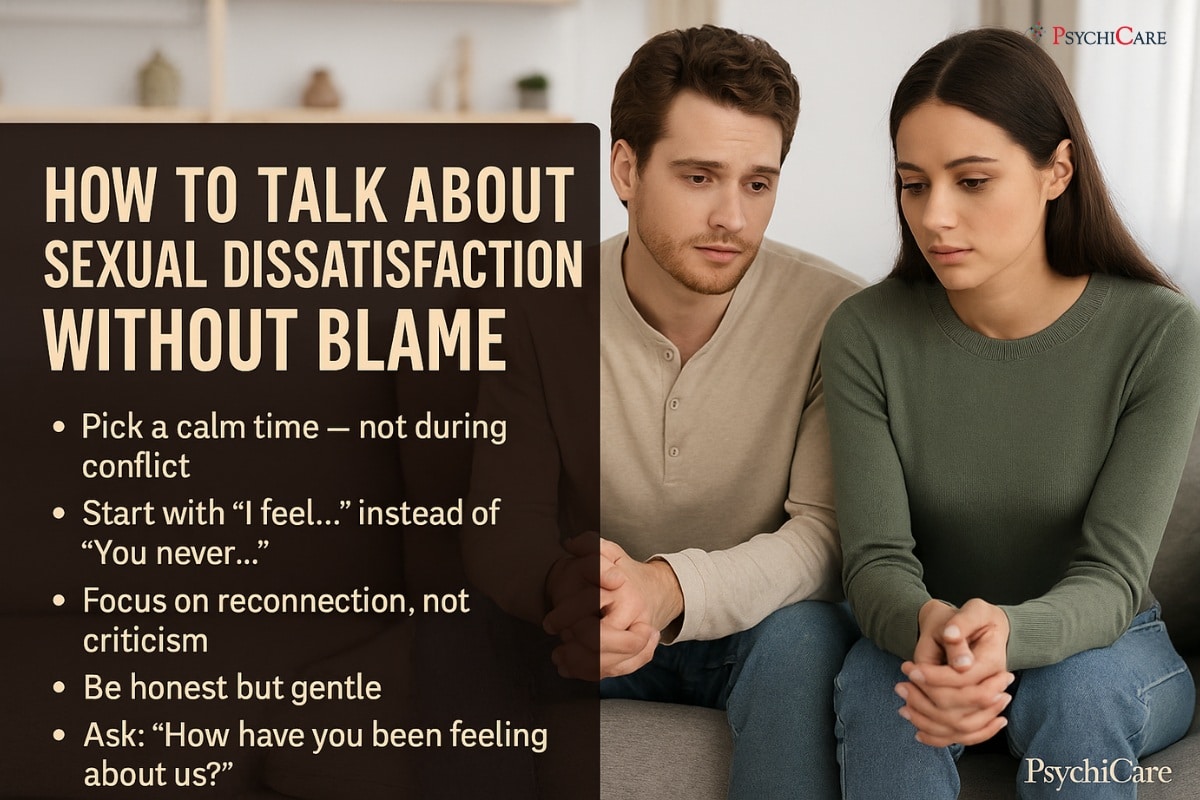 Tips on how to talk to your partner about sexual dissatisfaction without causing conflict, featuring a calm tone and emotional reconnection approach. 