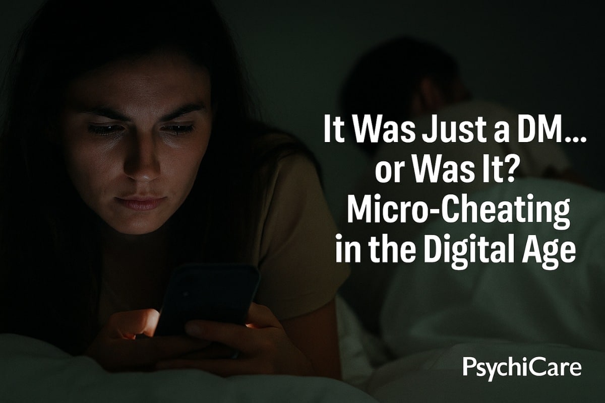 A person secretly scrolling through DMs on a smartphone with bold text overlay reading 'It Was Just a DM... or Was It? Micro-Cheating in the Digital Age' and PsychiCare branding