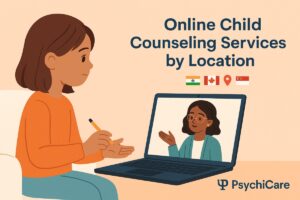 A child receiving online counseling from a therapist via laptop, symbolizing PsychiCare’s global child therapy services across India, Canada, and Singapore.