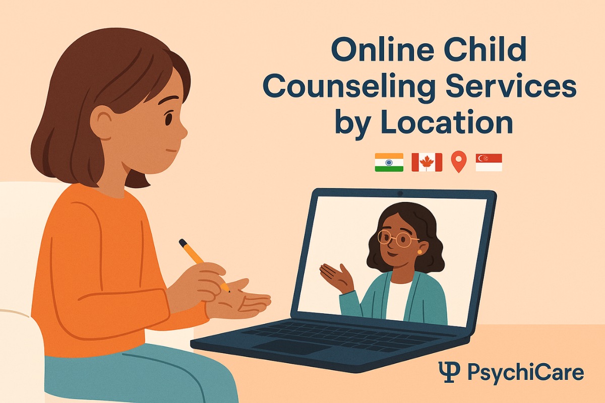 A child receiving online counseling from a therapist via laptop, symbolizing PsychiCare’s global child therapy services across India, Canada, and Singapore.