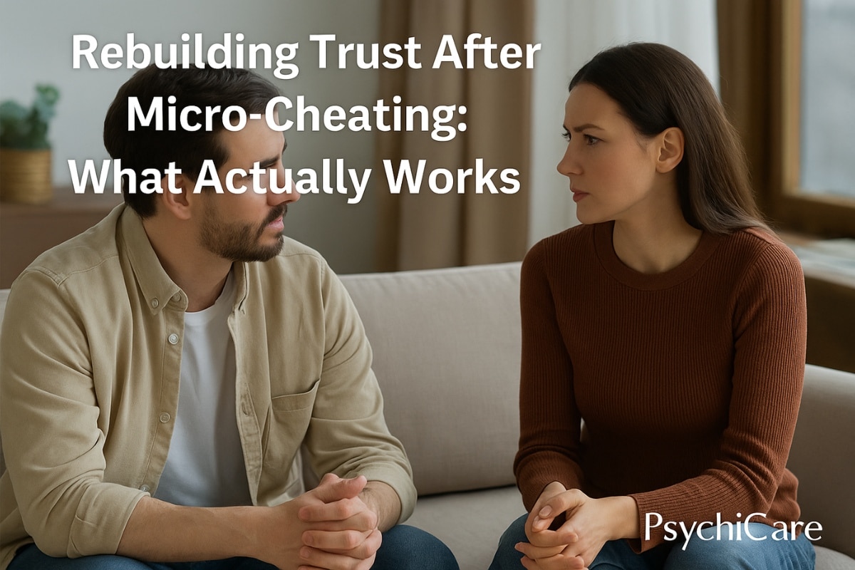 A couple sitting on a couch having an emotional conversation, with overlaid text reading 'Rebuilding Trust After Micro-Cheating: What Actually Works' and PsychiCare branding visible