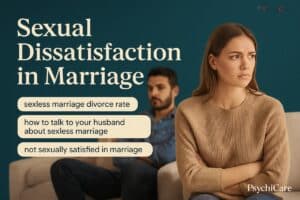 Feature image showing a distant couple on a couch with search queries like “sexless marriage divorce rate” and “not sexually satisfied in marriage,” highlighting emotional disconnect and sexual frustration in long-term relationships, branded with the PsychiCare logo.