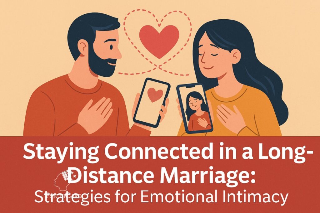 A couple in a long-distance marriage smiling at each other through a video call, with a heart symbol visually linking them across screens, representing emotional intimacy.