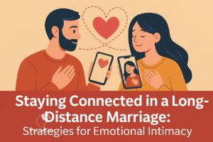 A couple in a long-distance marriage smiling at each other through a video call, with a heart symbol visually linking them across screens, representing emotional intimacy.