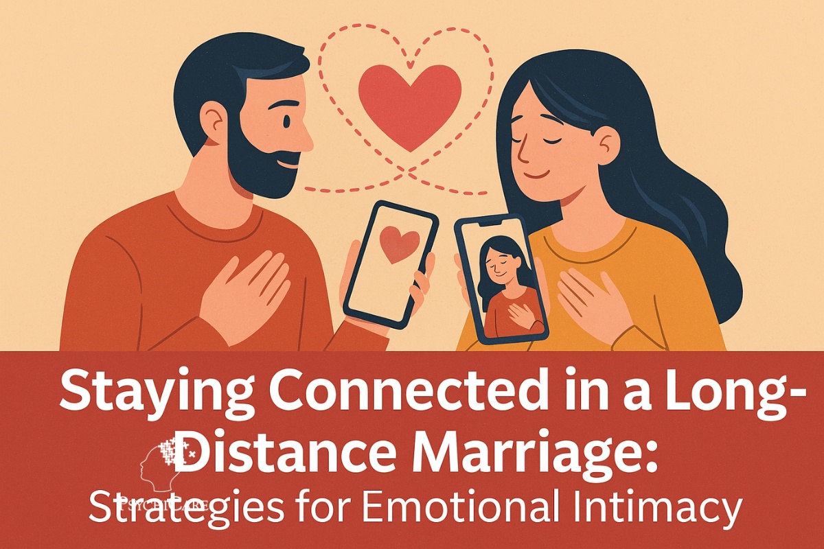 A couple in a long-distance marriage smiling at each other through a video call, with a heart symbol visually linking them across screens, representing emotional intimacy.