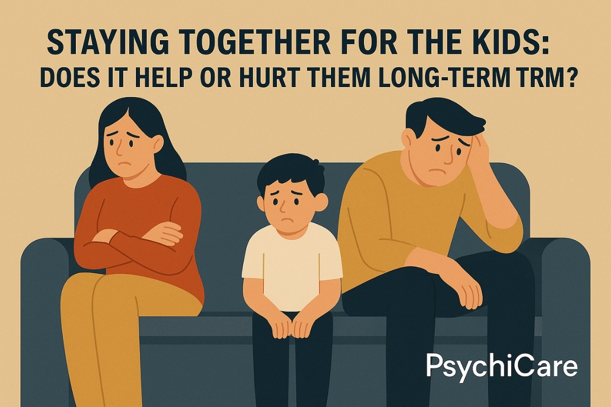 Illustration of an unhappy couple sitting on a couch with a sad child between them, highlighting the emotional impact of staying together in an unhappy marriage for the kids.