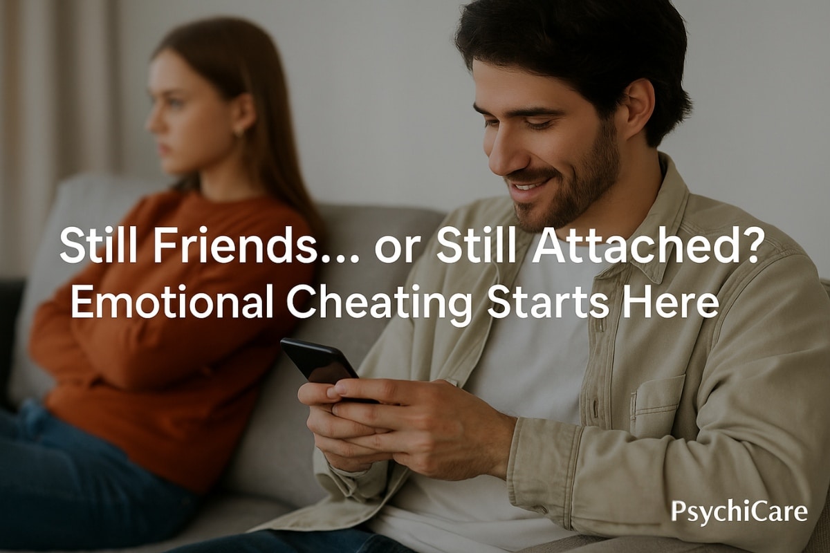 A person smiling at their phone while sitting beside their unaware partner, with overlaid text reading 'Still Friends… or Still Attached? Emotional Cheating Starts Here' and PsychiCare branding