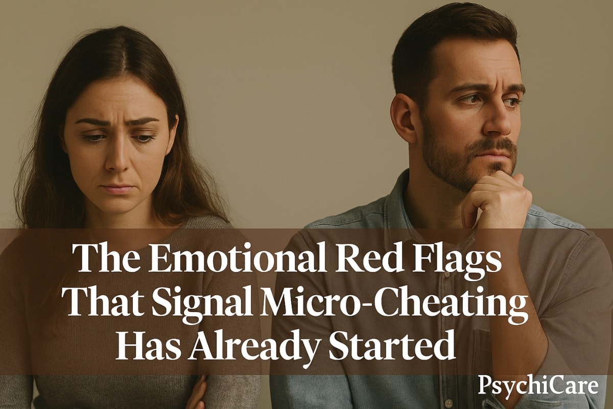 A woman sitting alone on a bed looking conflicted, with bold overlaid text reading 'The Emotional Red Flags That Signal Micro-Cheating Has Already Started' and PsychiCare branding visible