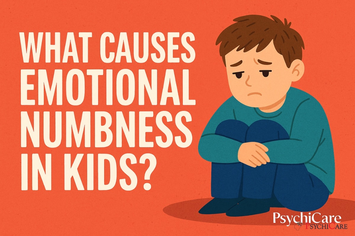 Illustration of a sad child sitting quietly, paired with the question What Causes Emotional Numbness in Kids, PsychiCare mental health awareness