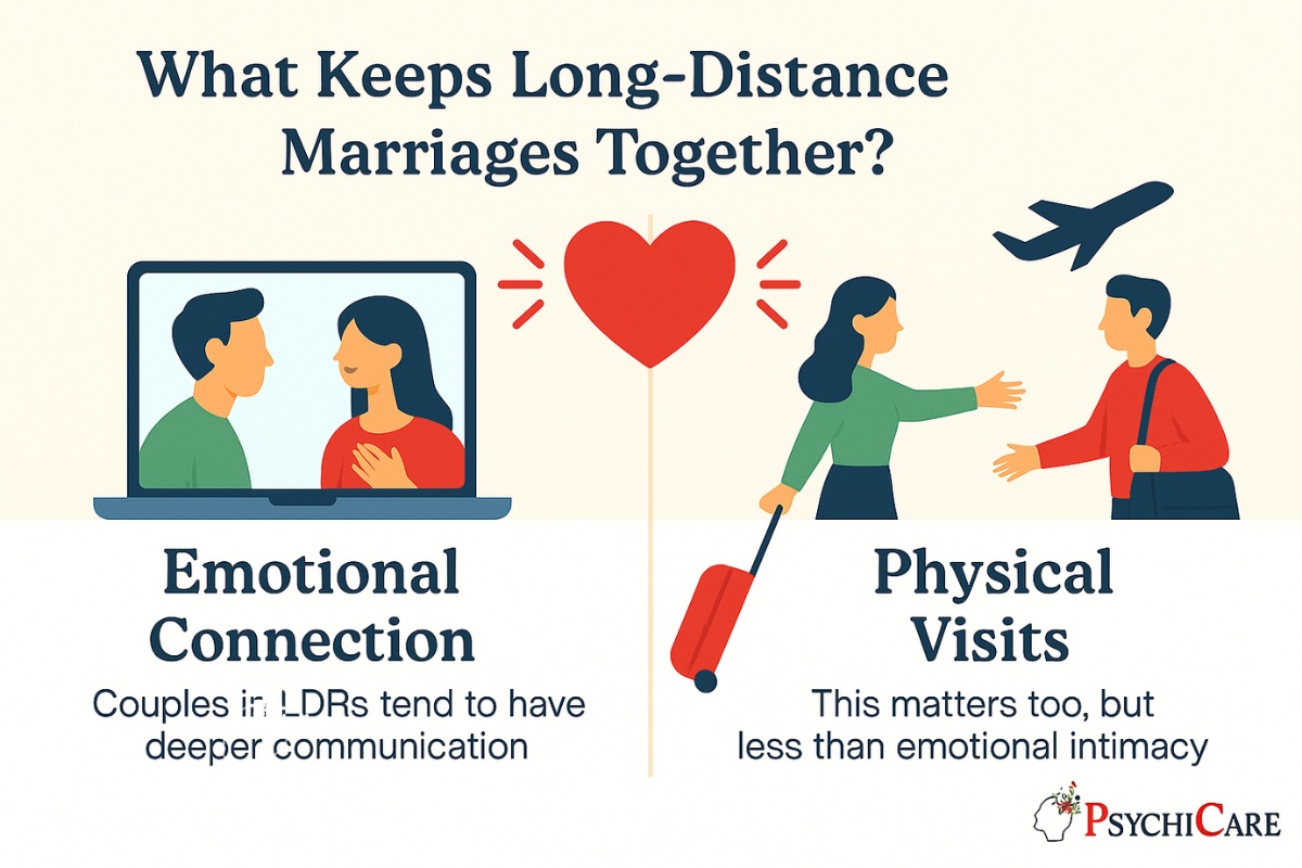 PsychiCare infographic comparing emotional connection through video calls with physical visits, emphasizing that emotional intimacy holds greater long-term value.