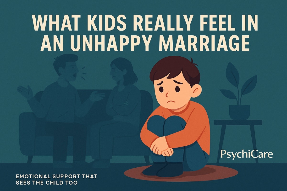 A sad child sits alone while parents argue in the background, showing the emotional impact of an unhappy marriage on kids, PsychiCare
