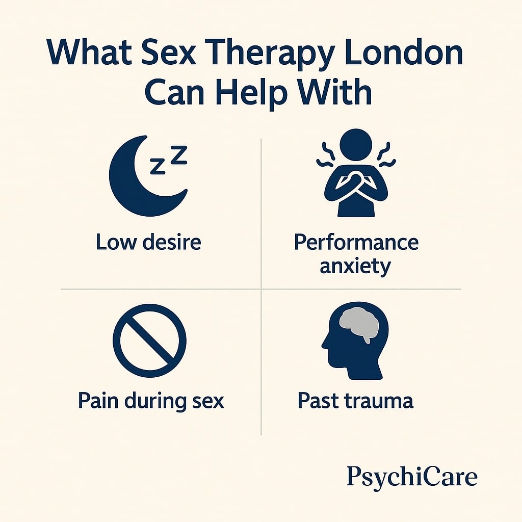 Infographic showing what sex therapy in London can help with, including low desire, performance anxiety, pain during sex, and past trauma, designed by PsychiCare.