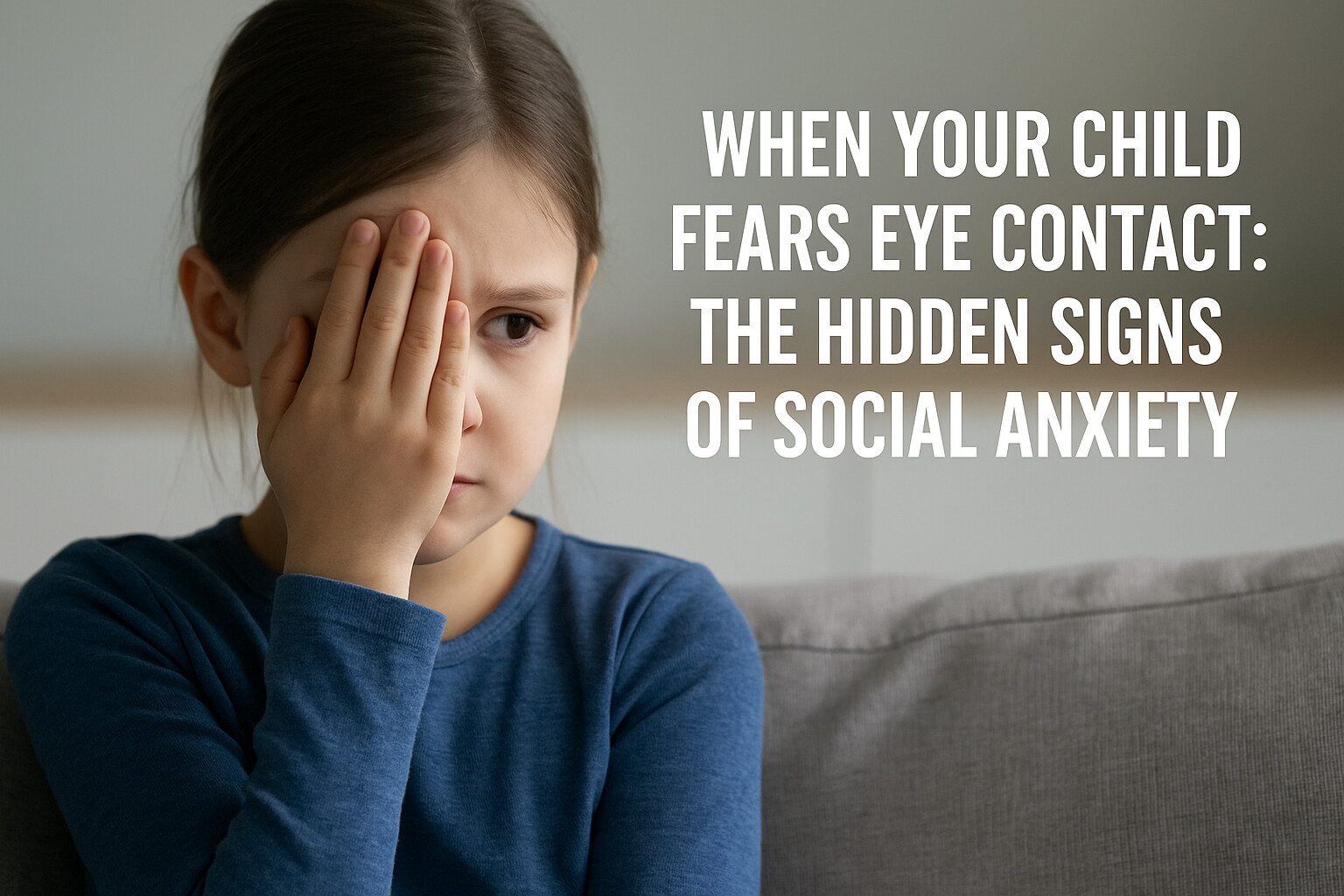 A young girl with a worried expression avoids eye contact, representing social anxiety in children.