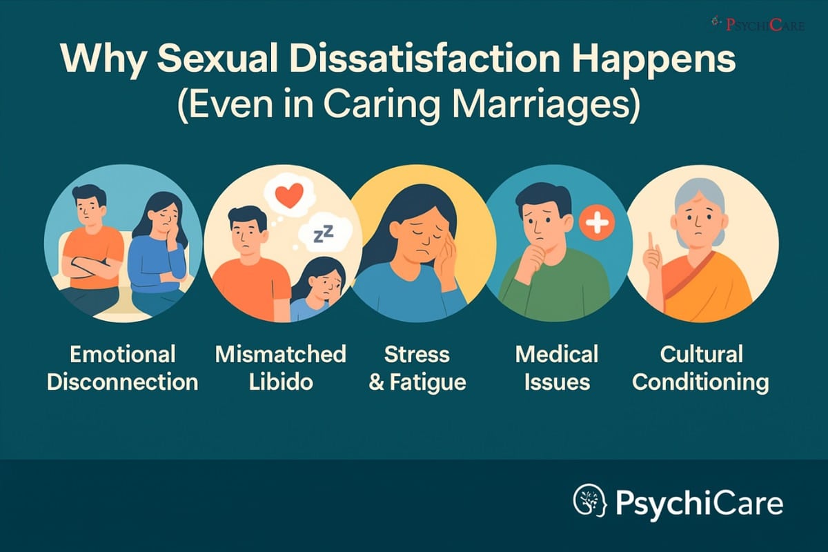 Infographic showing four main causes of sexual dissatisfaction in marriage: emotional disconnection, mismatched libidos, stress and mental load, and unspoken resentment. Each reason is paired with simple illustrations and short descriptions, designed for relationship awareness and PsychiCare branding. 
