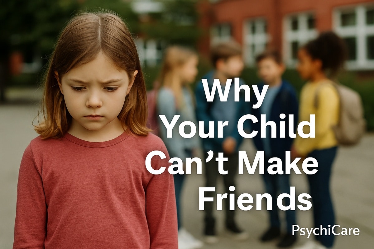 A young child sitting alone on a school bench looking isolated, with overlaid text that reads 'Why Your Child Can’t Make Friends' and PsychiCare branding