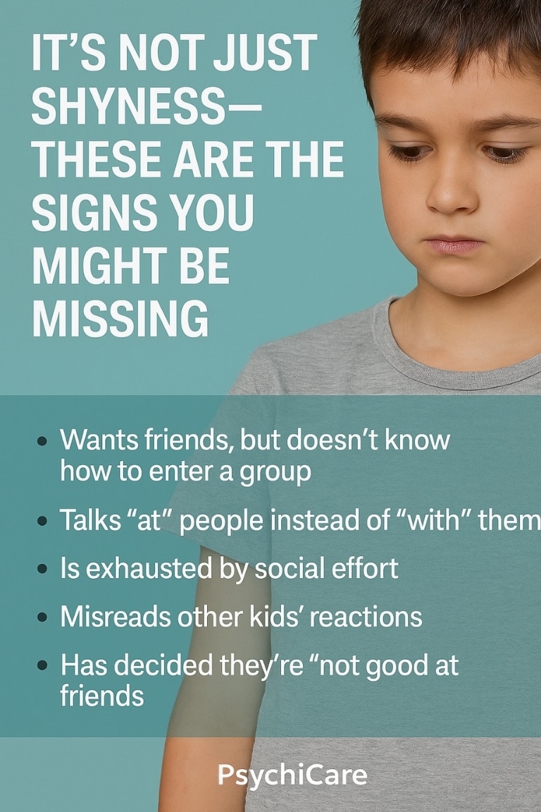 featuring a child sitting quietly alone, with overlaid text reading 'It’s Not Just Shyness—These Are the Signs You Might Be Missing' and short points about missed social struggles, plus PsychiCare branding