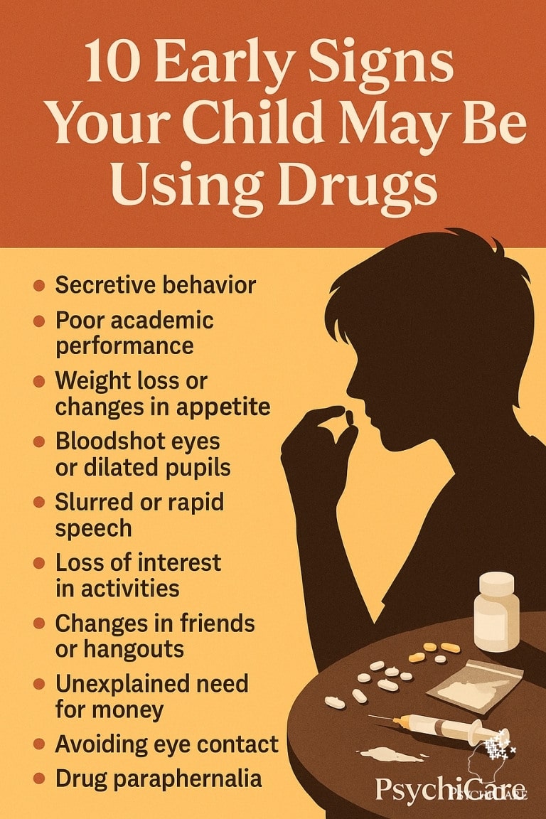 “10 Early Signs Your Child May Be Using Drugs,” featuring a silhouetted teen holding a pill, with a list of warning signs on the left and drug paraphernalia on a table in the bottom corner. PsychiCare branding is visible.