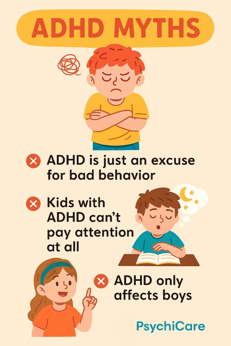 Cartoon-style infographic showing common myths about ADHD in kids, including “ADHD is just bad behavior,” “kids with ADHD can’t pay attention,” and “ADHD only affects boys,” with the PsychiCare logo at the bottom.