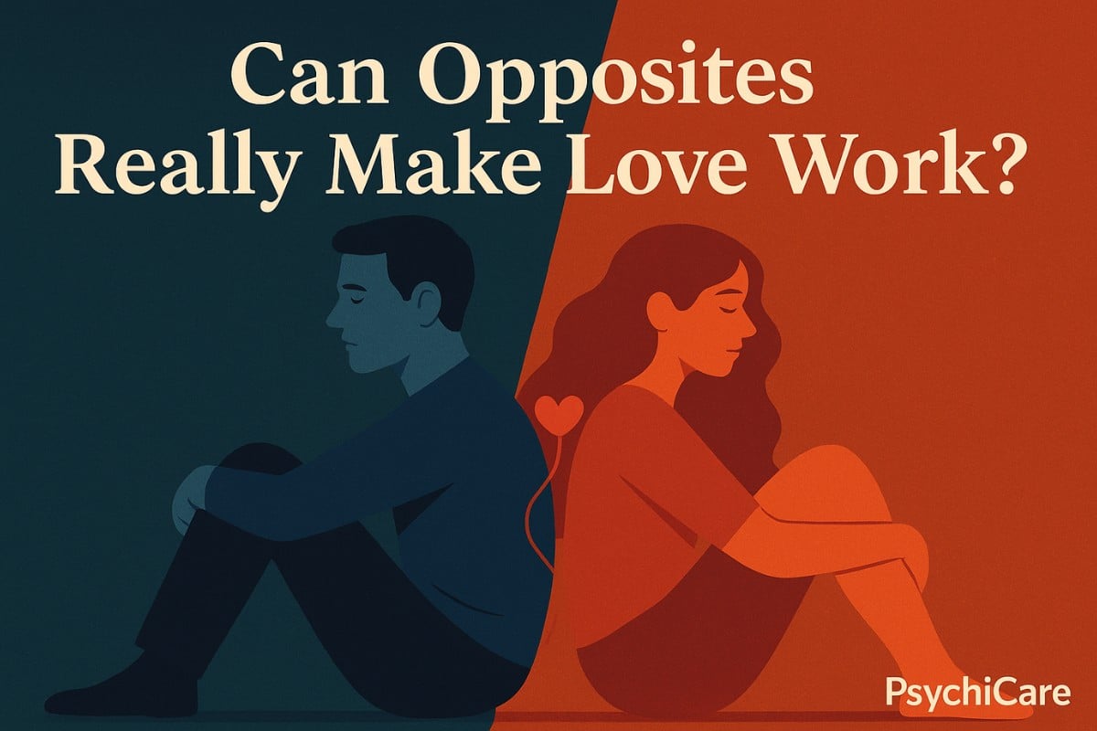 A digital illustration showing a couple sitting back-to-back, each on a split background—blue for the man and orange for the woman—symbolizing opposite personalities. A heart-shaped cord connects them, with the bold text “Can Opposites Really Make Love Work?” above and the PsychiCare logo in the bottom corner.