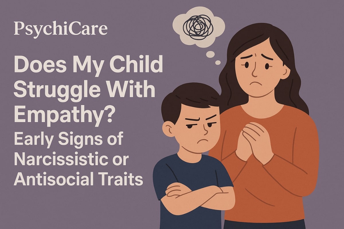Concerned mother and angry child illustration with the title “Does My Child Struggle With Empathy? Early Signs of Narcissistic or Antisocial Traits” – PsychiCare feature image.