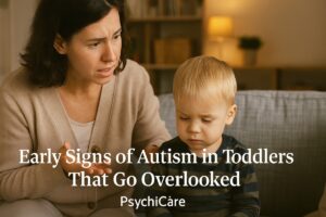 A concerned mother sits on a couch beside her toddler, who appears emotionally distant and disengaged. The photo has overlaid text reading “Early Signs of Autism in Toddlers That Go Overlooked – PsychiCare,” reflecting the subtle and often missed behavioral signs of early autism in young children.