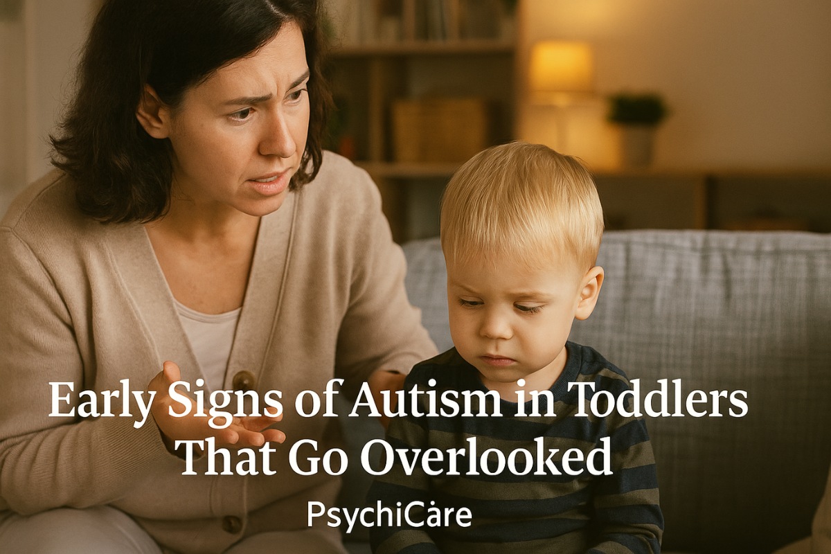 A concerned mother sits on a couch beside her toddler, who appears emotionally distant and disengaged. The photo has overlaid text reading “Early Signs of Autism in Toddlers That Go Overlooked – PsychiCare,” reflecting the subtle and often missed behavioral signs of early autism in young children.