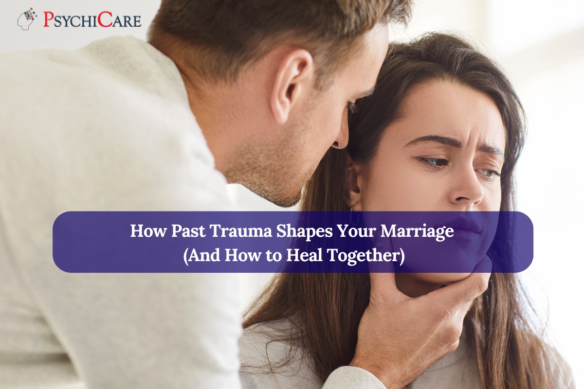 A distressed couple sitting on a couch showing emotional tension, with overlaid text that reads “How Past Trauma Shapes Your Marriage (And How to Heal Together)”