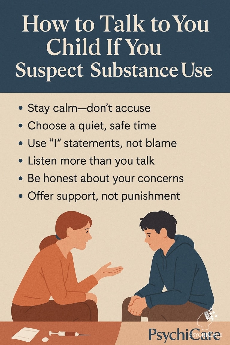 infographic titled “How to Talk to Your Child If You Suspect Substance Use,” showing a calm conversation between a concerned mother and her teenage son. The background is beige and navy, with six bullet-point tips listed for parents on how to approach the topic gently. The PsychiCare logo is displayed at the bottom.