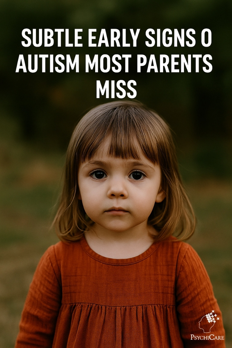 A close-up photo of a serious-looking toddler girl standing outdoors in a rust-colored dress. The overlaid text reads “Subtle Early Signs of Autism Most Parents Miss,” highlighting often-overlooked behavioral indicators in young children.