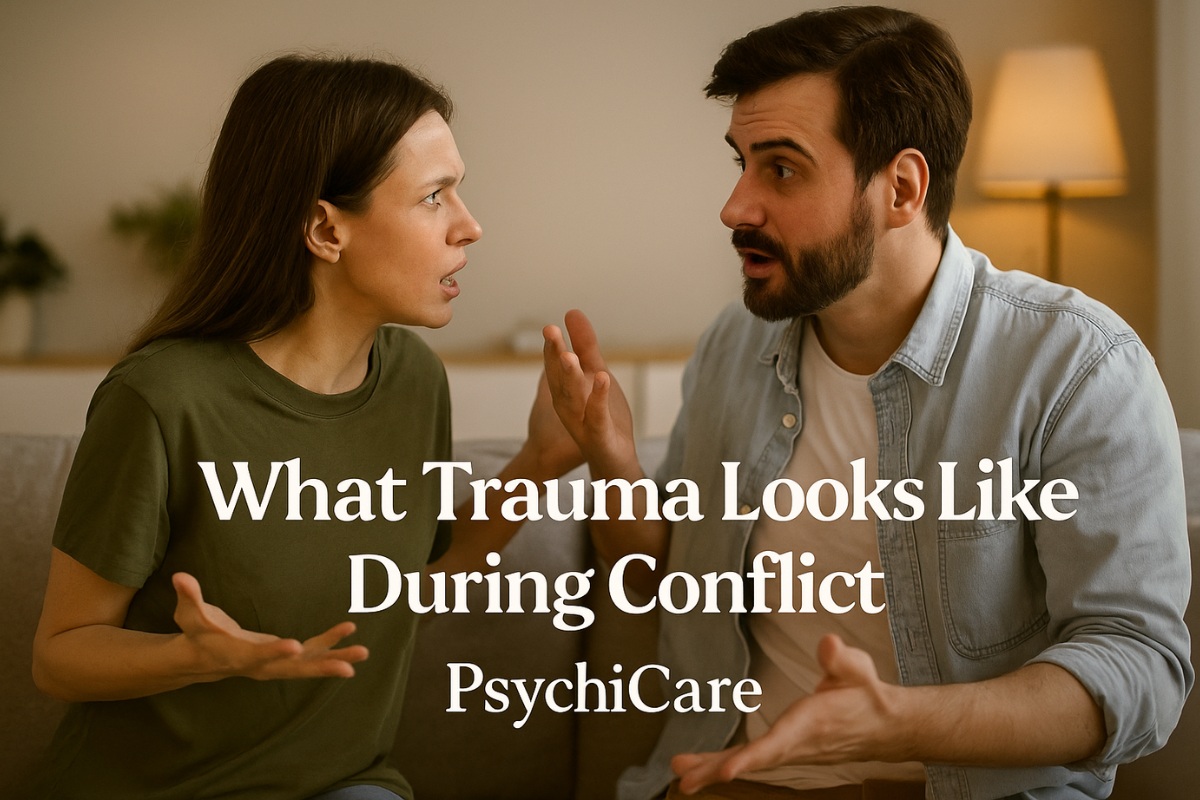 A photo of a distressed couple arguing on a couch, with the woman raising her hands and the man responding with animated gestures. The overlaid text reads “What Trauma Looks Like During Conflict – PsychiCare,” capturing emotional tension during trauma-triggered conflict in relationships.