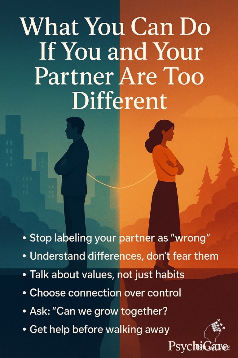 Pinterest-style infographic titled “What You Can Do If You and Your Partner Are Too Different” featuring a split background with a man in a cityscape on the left and a woman in a natural landscape on the right. A glowing thread connects them across the divide. Below the title, six relationship tips are listed in bullet points. PsychiCare logo appears at the bottom.