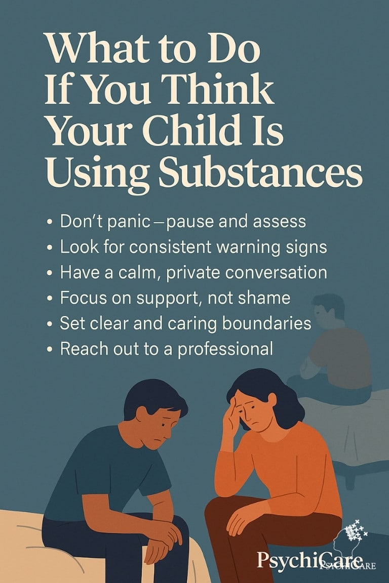 “What to Do If You Think Your Child Is Using Substances,” featuring a worried mother and father sitting on the edge of a bed with a child in the background. The muted blue background contains six supportive action steps for parents, designed in a calming and compassionate tone. The PsychiCare logo appears at the bottom.