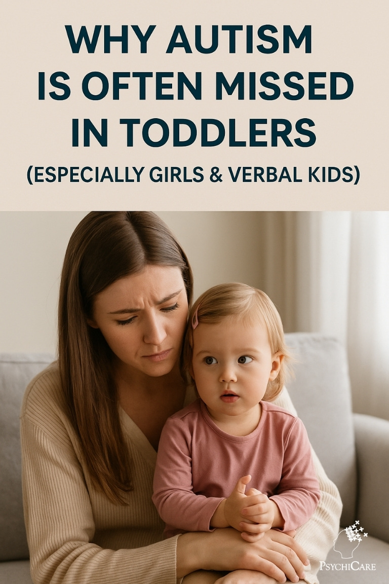 A concerned mother sits on a couch holding her toddler daughter, who looks curious but emotionally distant. The text overlay reads “Why Autism Is Often Missed in Toddlers (Especially Girls & Verbal Kids),” highlighting subtle early signs of autism often overlooked in girls and children who speak well.