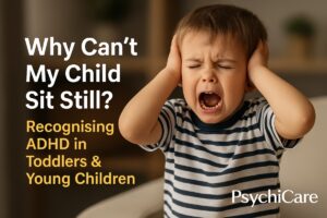 Frustrated toddler covering his ears and screaming, illustrating hyperactivity or distress, with bold text asking “Why Can’t My Child Sit Still?” and subtitle about recognising ADHD in young children, branded with the PsychiCare logo.