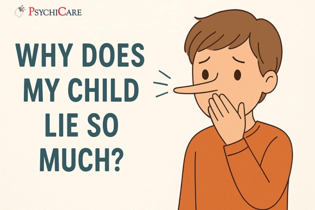 Feature image with the title “Why Does My Child Lie So Much?” in bold text, designed with child-themed visuals and PsychiCare branding for a parenting article.