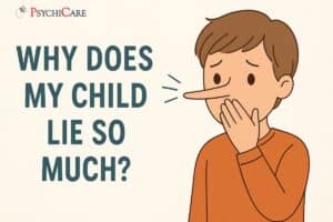 Feature image with the title “Why Does My Child Lie So Much?” in bold text, designed with child-themed visuals and PsychiCare branding for a parenting article.