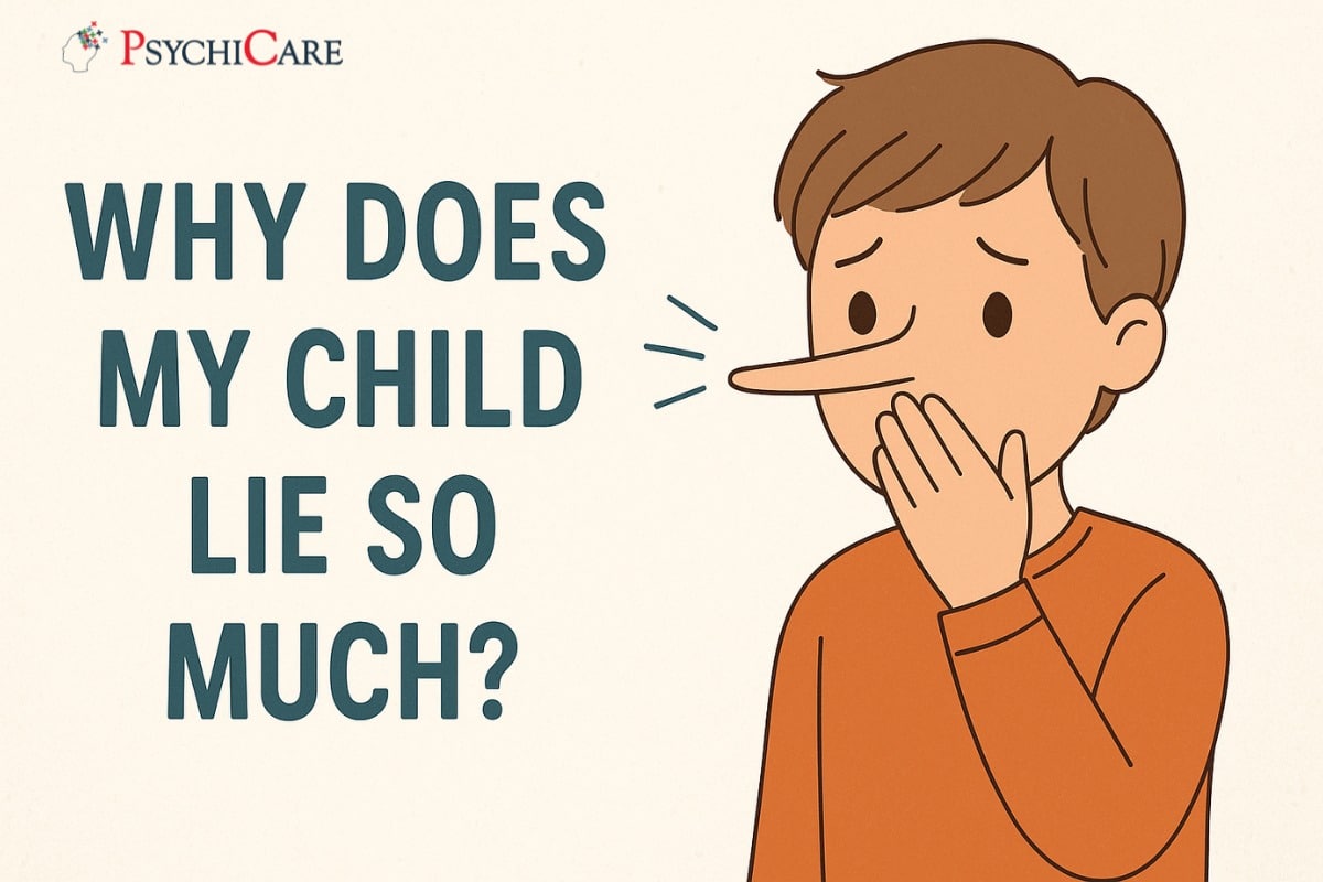 Feature image with the title “Why Does My Child Lie So Much?” in bold text, designed with child-themed visuals and PsychiCare branding for a parenting article.