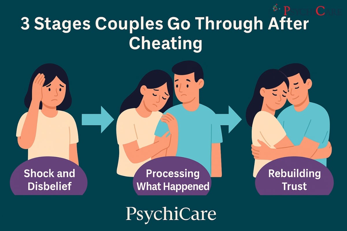 Horizontal infographic titled “3 Stages Couples Go Through After Cheating” from PsychiCare. Shows a visual flow of recovery with three illustrated stages: Shock and Disbelief, Processing What Happened, and Rebuilding Trust. Designed in teal and purple tones with a couple at each stage to help readers understand the emotional healing journey after infidelity.