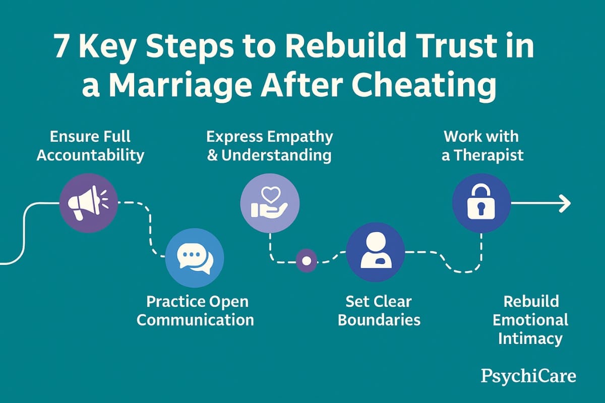 Horizontal infographic titled “7 Key Steps to Rebuild Trust in a Marriage After Cheating” by PsychiCare. Features a step-by-step visual path with icons representing each stage: accountability, open communication, empathy, boundaries, therapy, and emotional intimacy. Designed in teal and purple tones to help couples understand how to restore trust after infidelity.
