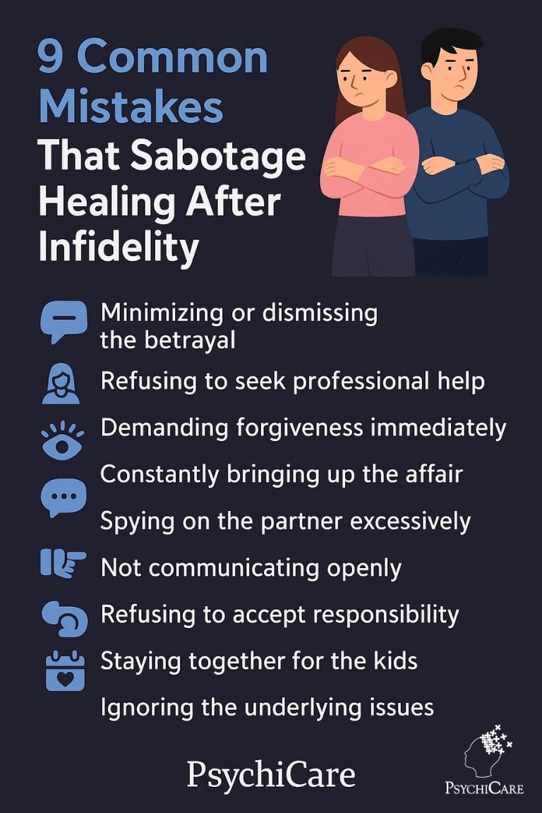 Infographic titled “9 Common Mistakes That Sabotage Healing After Infidelity” by PsychiCare, with a dark background and illustrated couple. Lists nine mistakes like minimizing betrayal, avoiding therapy, and demanding instant forgiveness, each paired with blue icons and clear white text for easy readability.