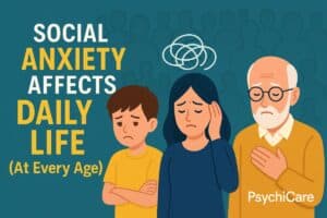 Illustration of a child, adult woman, and elderly man looking anxious against a teal background. The text "Social Anxiety Affects Daily Life (At Every Age)" appears on the left, with the PsychiCare logo on the bottom right.
