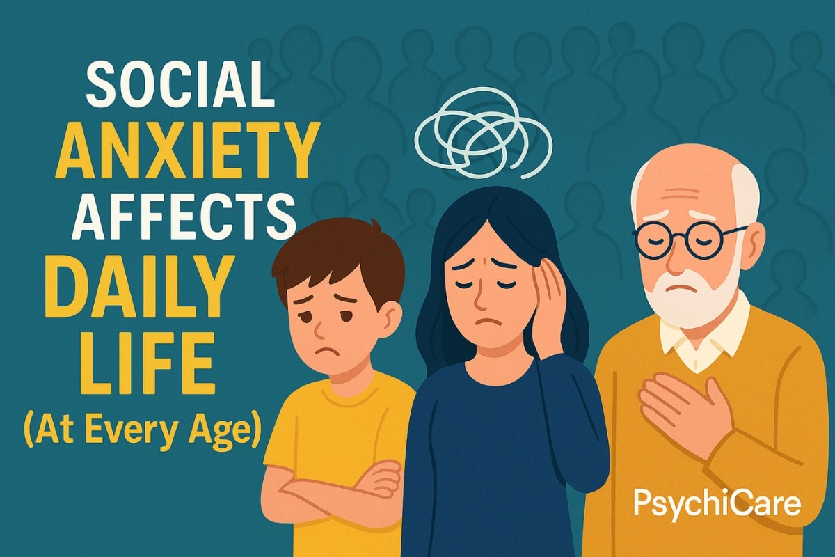 Illustration of a child, adult woman, and elderly man looking anxious against a teal background. The text "Social Anxiety Affects Daily Life (At Every Age)" appears on the left, with the PsychiCare logo on the bottom right.