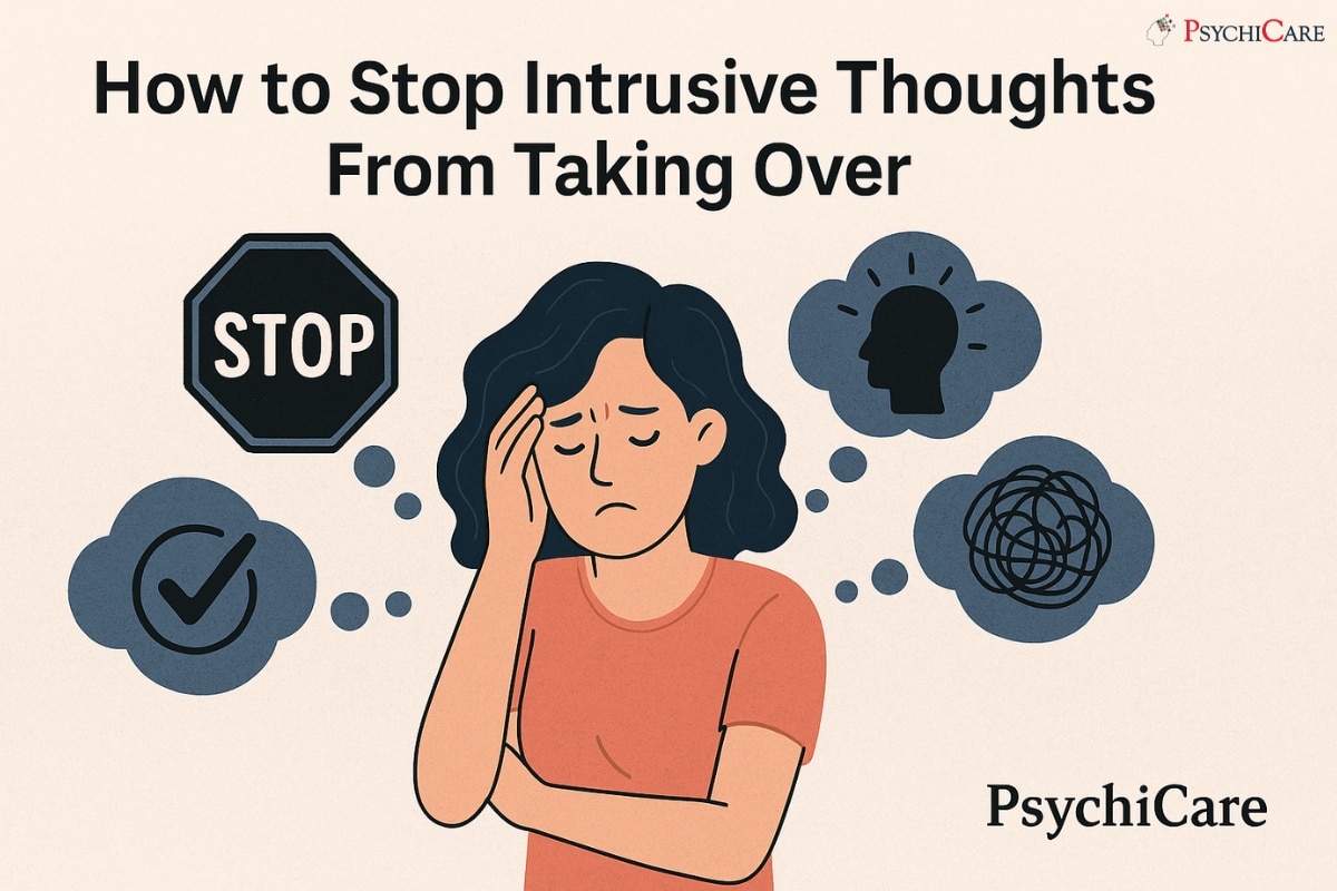 Illustration of a woman feeling overwhelmed by intrusive thoughts, with thought bubbles around her including a stop sign, tangled lines, and a head silhouette, symbolizing mental struggle.