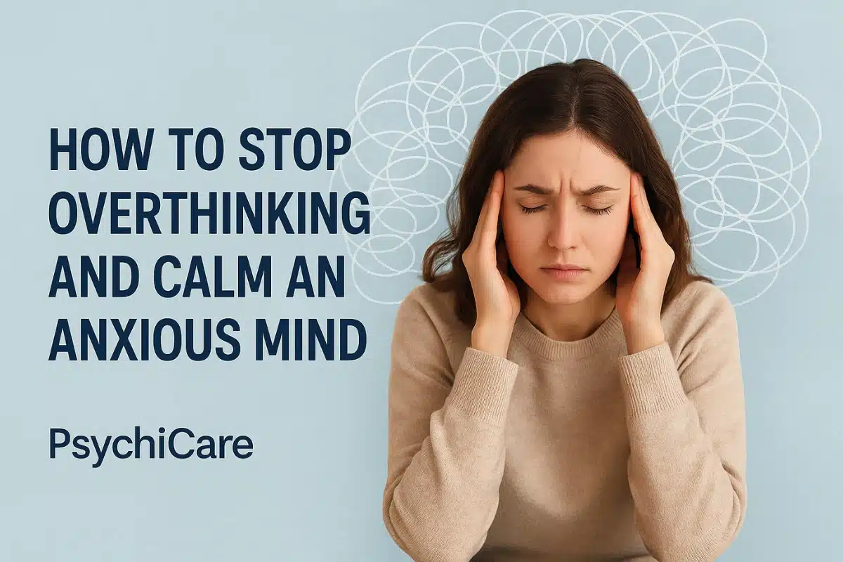 Woman holding her head with eyes closed, surrounded by tangled thought lines, representing overthinking and anxiety, with the text "How to Stop Overthinking and Calm an Anxious Mind" and PsychiCare branding.