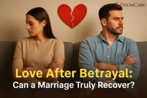 Thumbnail-style image showing a couple sitting apart on a couch with a broken red heart above them, visually representing emotional distance and betrayal. Overlaid text reads “Love After Betrayal: Can a Marriage Truly Recover?” designed for a PsychiCare article on healing relationships after infidelity.