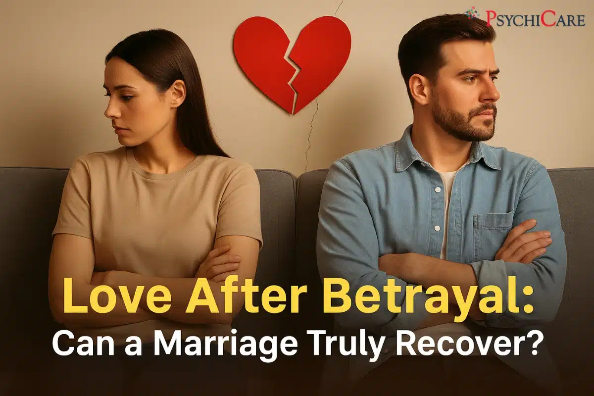 Thumbnail-style image showing a couple sitting apart on a couch with a broken red heart above them, visually representing emotional distance and betrayal. Overlaid text reads “Love After Betrayal: Can a Marriage Truly Recover?” designed for a PsychiCare article on healing relationships after infidelity.