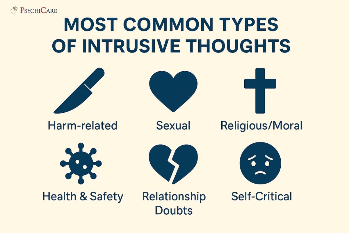 Infographic showing six common types of intrusive thoughts with icons: harm-related, sexual, religious/moral, health & safety, relationship doubts, and self-critical.