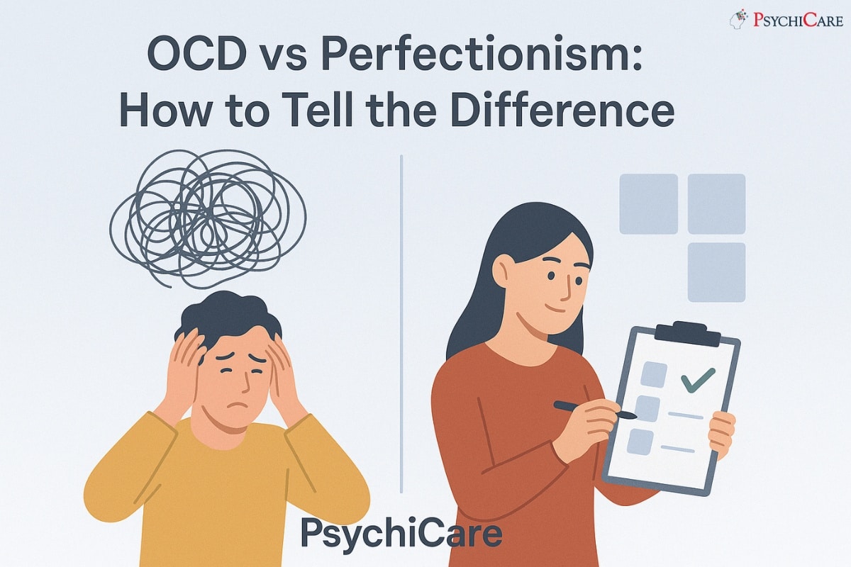 Illustration comparing OCD and perfectionism: on the left, a stressed man holding his head with chaotic scribble thoughts, and on the right, a calm woman checking a neat checklist, with PsychiCare branding.