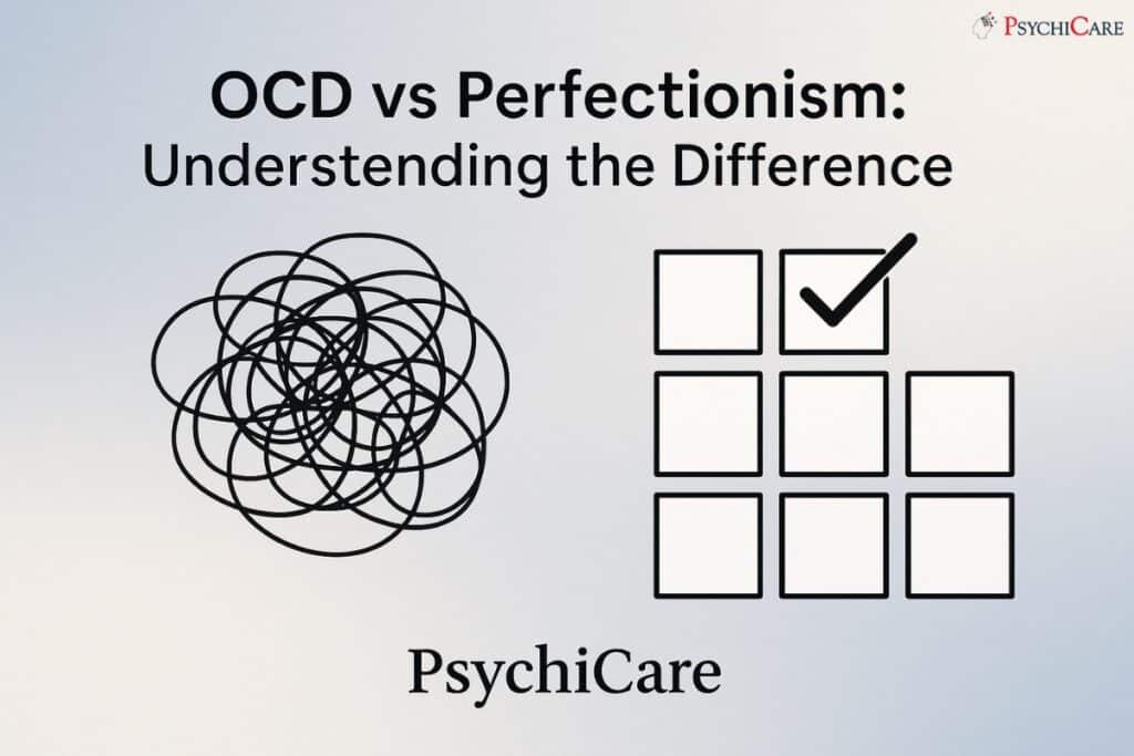 Abstract illustration showing chaotic scribbles on one side symbolizing OCD and neatly aligned boxes with a checkmark on the other side symbolizing perfectionism, with PsychiCare branding.